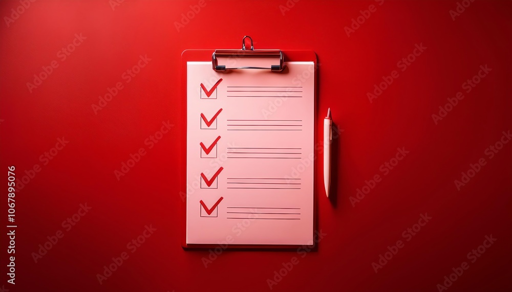 Poster a checklist on a clipboard with checkmarks against a red background, accompanied by a pen, symbolizi