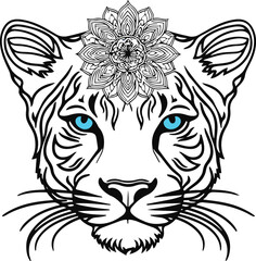 Leopard face with mandala pattern on head , thick lines, low details white background.eps