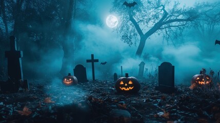 Spooky scaring graveyard with fog tombstone cross