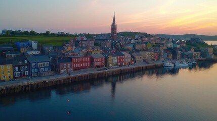 Obraz premium Colorful coastal town at sunset with reflections