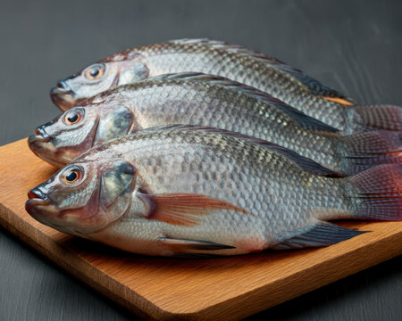 Tilapia or ikan nila, fresh Tilapia fish on board. Oreochromis Niloticus. Freshwater Fish. Farmed wild fish