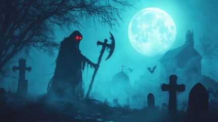 Naklejka premium Grim reaper with scythe in graveyard. Halloween theme poster.