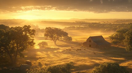 Serene Barn in a Golden Sunrise Landscape