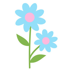 Illustration of blue flowers and green leaves for plants, tree, floral print, nature, garden, cute patches, brooch, sticker, logo, icon, blossom, blooming, picnic, backyard, park, spring, summer