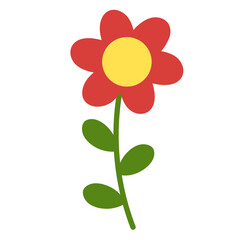 Illustration of red flower and green leaves for plants, tree, floral print, nature, garden, cute patches, brooch, sticker, logo, icon, blossom, blooming, picnic, backyard, park, spring, summer