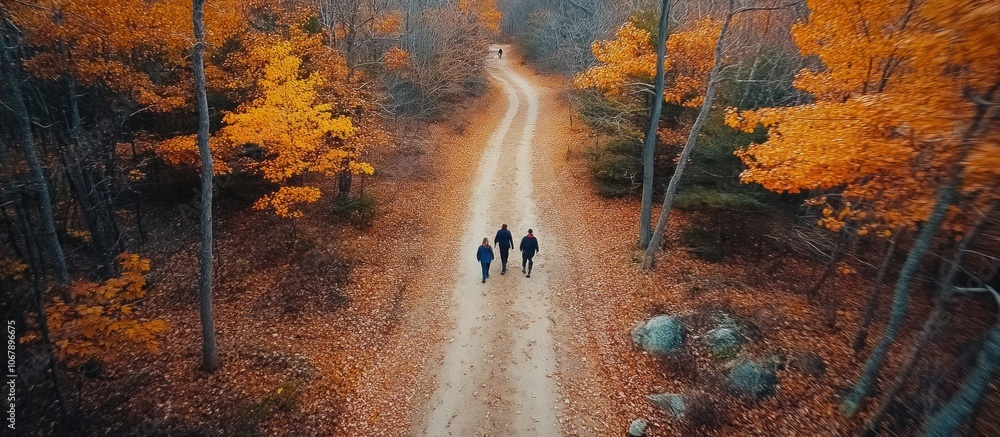 Poster aerial view of a group of people walking down a path through an autumn forest.