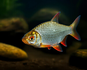 Naklejka premium Roach fish in natural habitat, Freshwater fish underwater background, wild fish