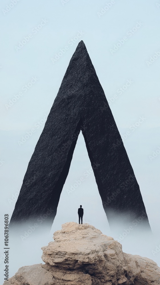 Poster man silhouette standing before mysterious triangular gate in digital art style