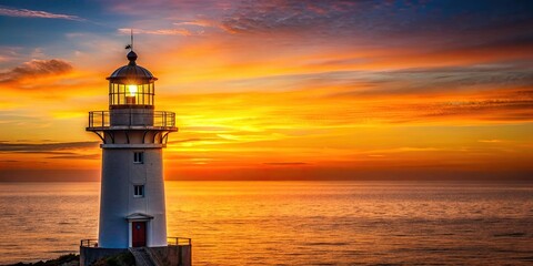 Lighthouse illuminated by orange sunset light exuding comfort and tranquility , lighthouse, sunset, orange, light, comfort