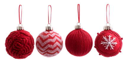 2024 cut in red fabric christmas ornaments hanging isolated on white background
