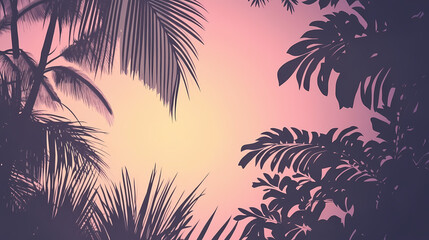 The retro mural photo wallpaper features a tropical forest with graceful leaves in a vintage background graphic painting art card poster print interior. Vintage. Illustration