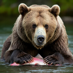 Fototapeta premium Brown grizzly bear hunting salmons in the creek wild life