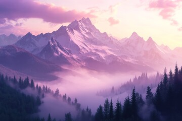 Obraz premium A peaceful dawn over misty pine forests and majestic snow-capped mountains under pastel skies