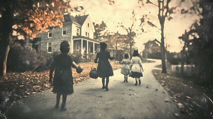 Vintage faded old style daguerreotype image of eerie children in costumes trick or treating for halloween. Vintage. Illustration