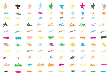 Set of vector paint brush colorful stroke, ink splatter and artistic design elements. Dirty watercolor texture, box, frame, grunge background, splash or creative shape for social media