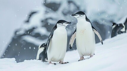 Fototapeta premium Two Chinstrap Penguins Stand in Snowy Landscape