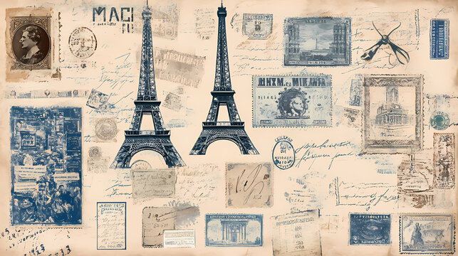 Vintage french paris design elements, calligraphic elements, postage and other stamps, numbers etc. with authentic old print / stamp textures, isolated over transparency. Vintage. Illustration