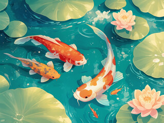 Colorful koi fish swimming in water with autumn leaves