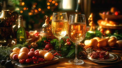 Festive holiday table setting with wine glasses, fresh fruits, and Christmas decorations against bokeh lights background, creating warm and cozy atmosphere.
