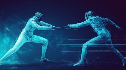 Fototapeta premium A competitive duel between two fencers is shown with lights against a plain, dark background.