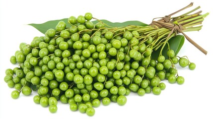 Fresh green berries and leaves arranged beautifully on a white background