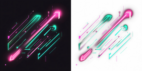 Neon Arrows with Glowing Trail on white, black, transparent background. PNG