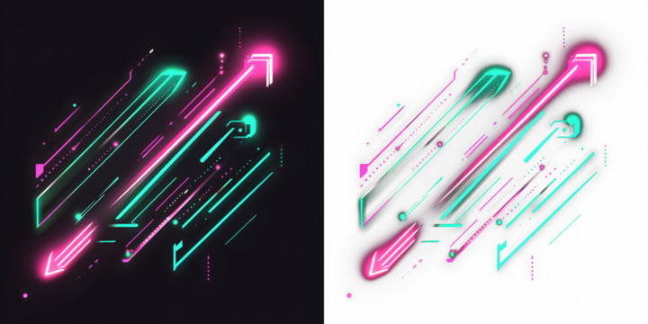 Neon Arrows with Glowing Trail on white, black, transparent background. PNG