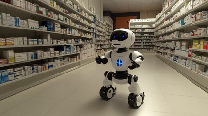 Obraz premium Robotic assistant exploring a modern pharmacy aisle filled with products