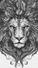 Obraz premium A detailed black-and-white illustration of a lion's face with intricate mane.
