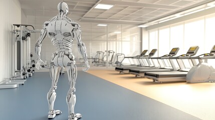 Obraz premium Futuristic humanoid robot in modern gym environment