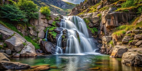Small waterfall cascading down a rocky cliff in the tranquil mountains , waterfall, cascade, cliff, rocks, mountains