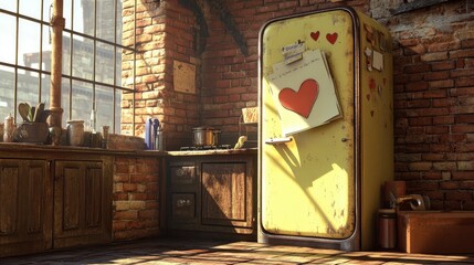 Cozy kitchen with a retro fridge and heart decorations