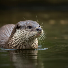 River otter or Lutra vulgaris. The main part of its life activity is connected with the aquatic environment. The sudden appearance of this small animal from the depths of the river.