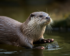 River otter or Lutra vulgaris. The main part of its life activity is connected with the aquatic environment. The sudden appearance of this small animal from the depths of the river.