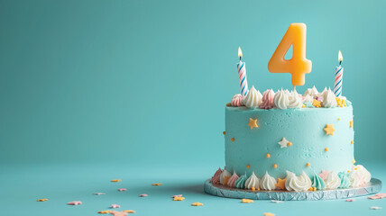 Colorful birthday cake with number 4 and candles, copy space for text