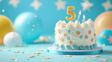 Colorful birthday cake for a 5th birthday celebration with copy space for text