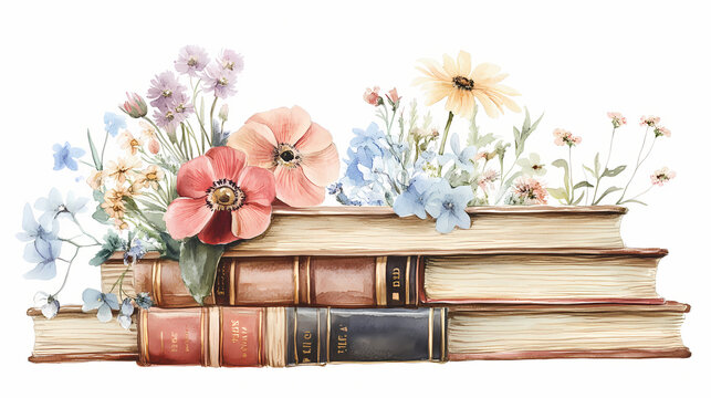 Watercolor old books stack with flowers vintage illustration clipart png. Vintage. Illustration