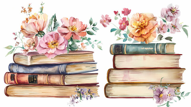 Watercolor old books stack with flowers vintage illustration clipart png. Vintage. Illustration