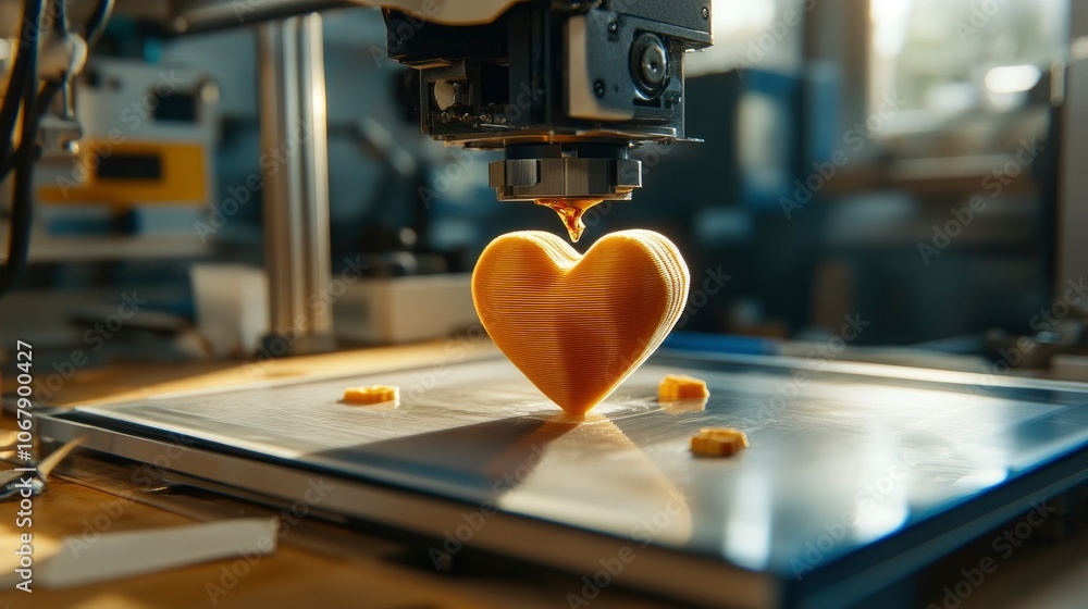 Poster 3d printing technology creating a heart-shaped object in a workshop setting