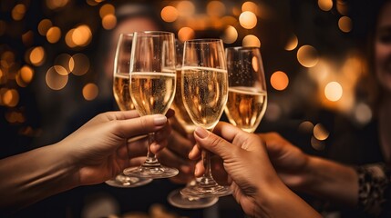 Celebratory Toast with Champagne Glasses at Festive Gathering