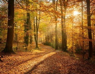 Golden Autumn Path in a Sunlit Forest