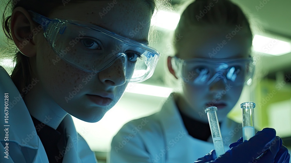 Poster young scientists experimenting with test tubes in a laboratory setting