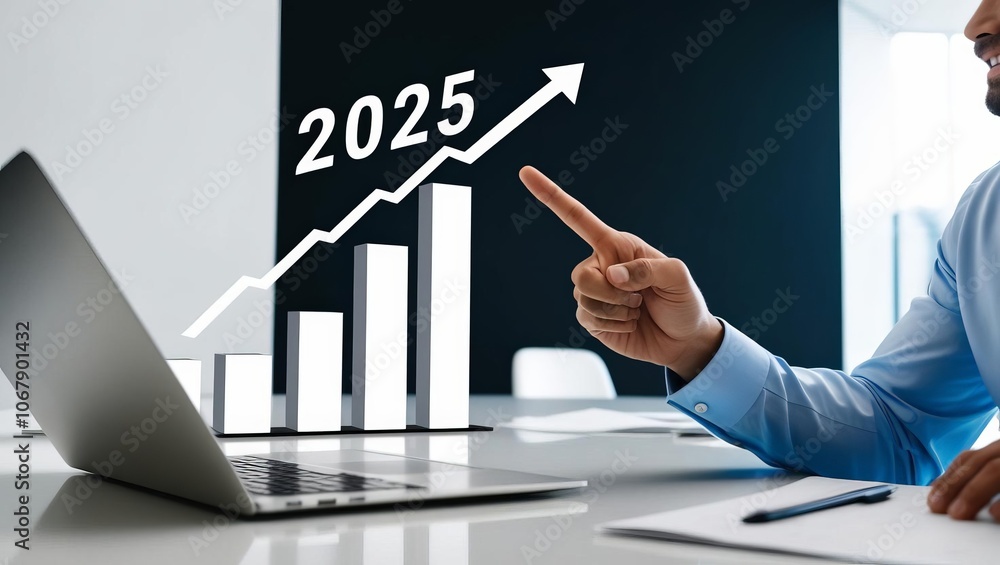 Poster a professional pointing at a laptop displaying a growth chart projected for 2025, emphasizing goals 