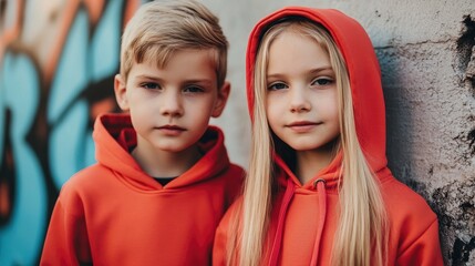 Children wearing red hoodies standing together in urban setting