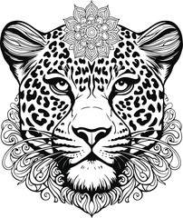 Leopard face with mandala pattern on head , thick lines, low details white background 3.eps