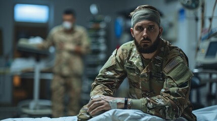 Soldier sitting on hospital bed, bandaged and determined, focused on recovery and resilience, amidst medical equipment.