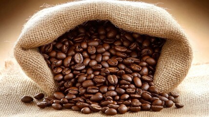 Coffee beans spilling from a burlap sack on a textured background