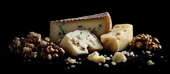 Assorted cheeses and popcorn arranged on a dark background.