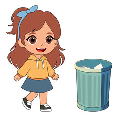Cartoon Kid Throwing Trash Into Rubbish Bin vector Illustration