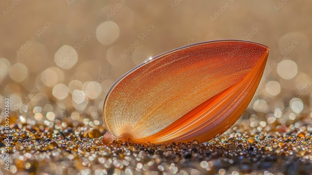 Poster delicate seashell glistening on a sandy beach with sparkling bokeh background